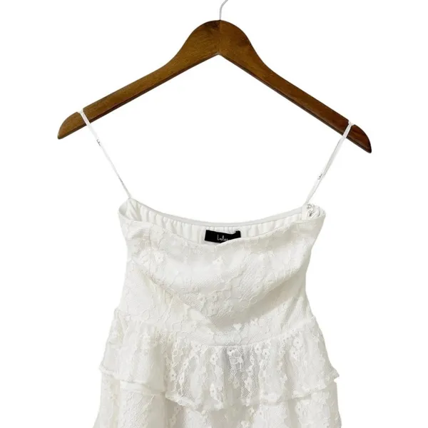 Lulus Sweet Perception White Lace Strapless Tiered Mini Dress size XXS NWT - Image 5