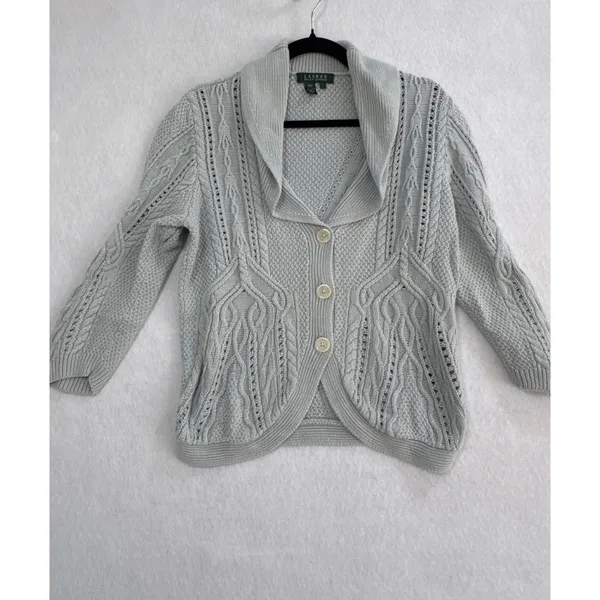 Lauren Ralph Lauren Linen‎ Cotton Cable Knit Shawl Collar Cardigan Blue Grey L - Image 2