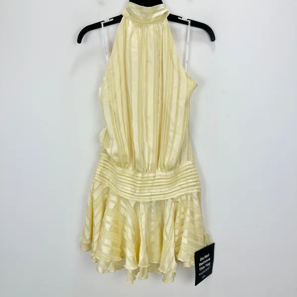 Lulus Cass Light Yellow Striped Satin Drop Waist Mini Dress Party Medium NWT - Image 6