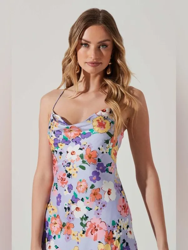 ASTR Gaia Draped Collar Satin Midi Dress in Periwinkle Floral Size Small NWT - Image 12