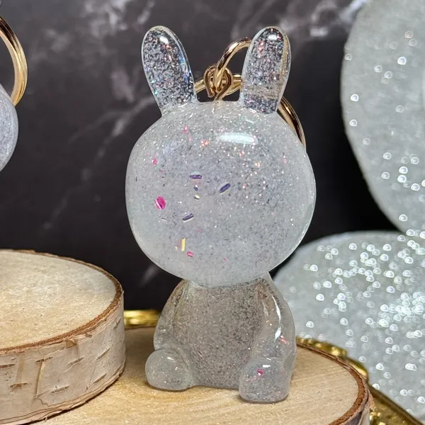 Handmade Glittery Resin Animal Keychains, Rabbit, Deer, Bear with pink glitter, gold - Image 4