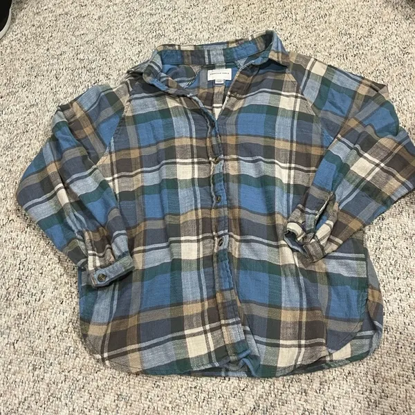 American Eagle blue, green, brown, tan, white plaid long sleeve flannel S - Image 2