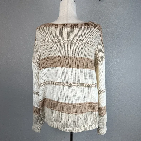 Magnolia Boho V-Neck Pullover Sweater‎ One Size Neutral Beige Ivory Stripe NEW - Image 4