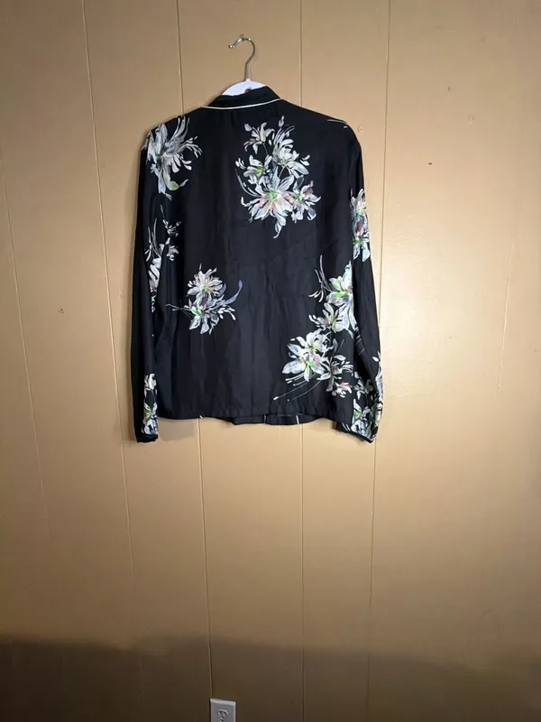 Zara Woman Black Floral Long Sleeve Satin Pajama Style Blouse - Image 3