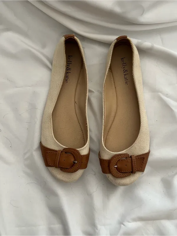 Kelly & Katie Cream Canvas Ballet Flats with Tan Buckle Size 8 1/2 - Image 3