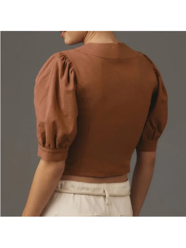 NWT Anthropologie Scoop Neck Puff Sleeve Linen Blend Cropped Blouse Top Size S - Image 2