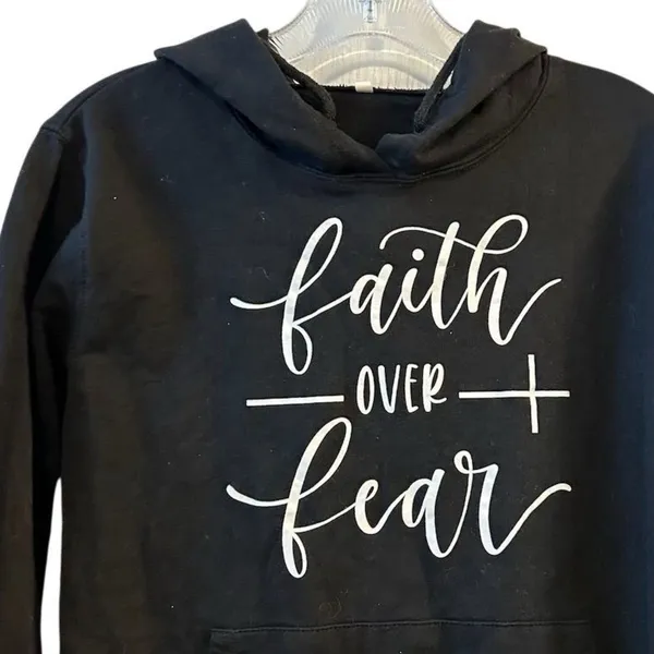 Faith Over Fear Black Unisex Hoodie‎ Large Inspirational Christian Pullover - Image 2