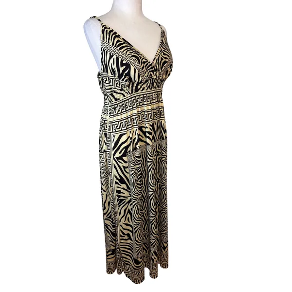 Women's Maxi Dress XL Tan Black Zebra Greek‎ Key Print Boho Stretchy Neutral - Image 2