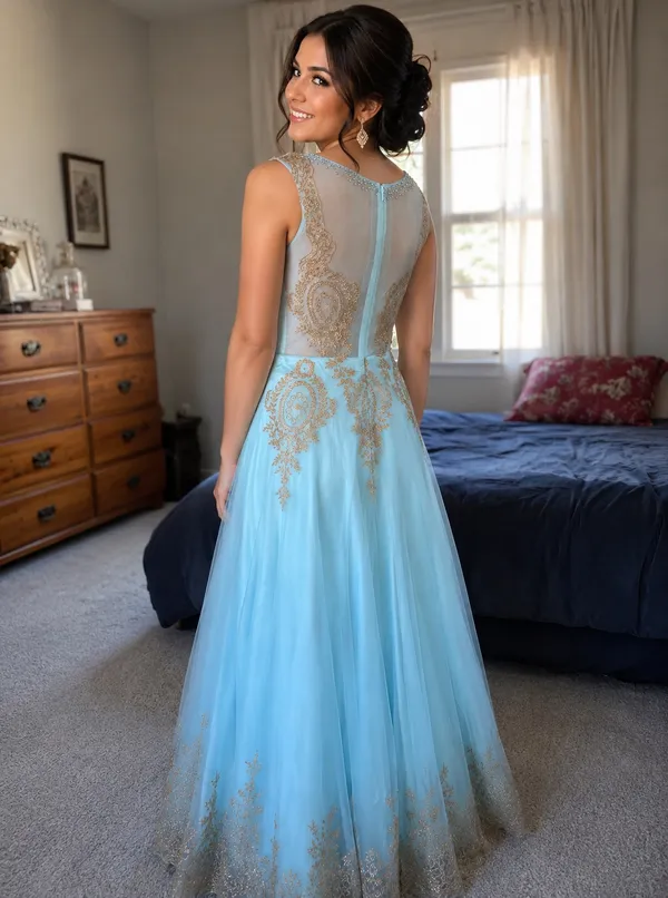 Elegant Long Evening Dress With Sequins Blue Tulle Dress Size 4 - Image 2