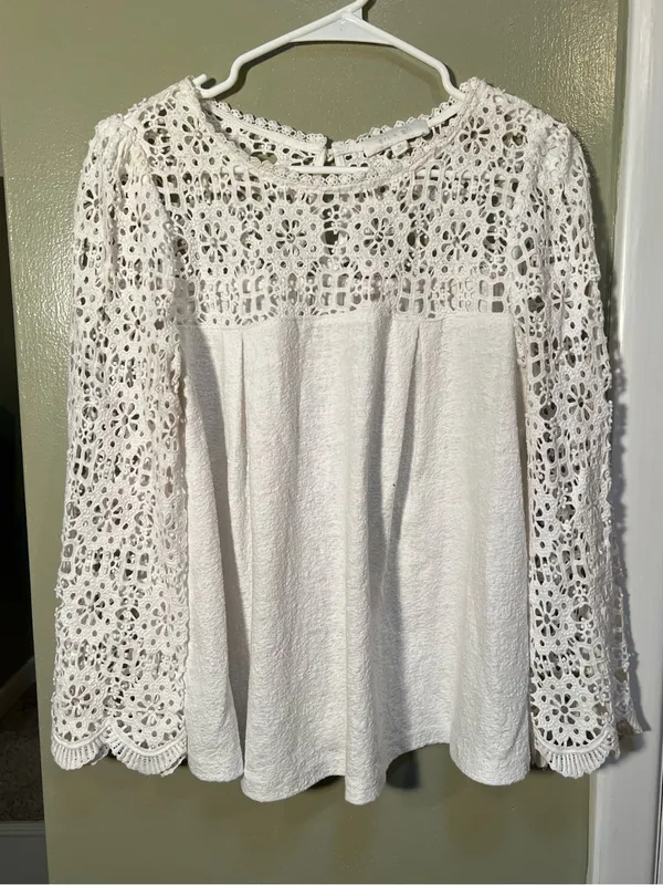 Eri + Ali Women’s Sz Medium Marigold Lace Blouse White 3/4 Sleeve BE15723 Anthro - Image 3