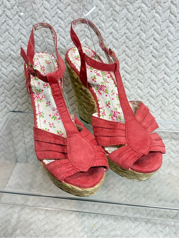 Bamboo Coral Red Espadrille Wedge Sandals 6 Floral T-Strap Cottagecore Y2K - Image 2