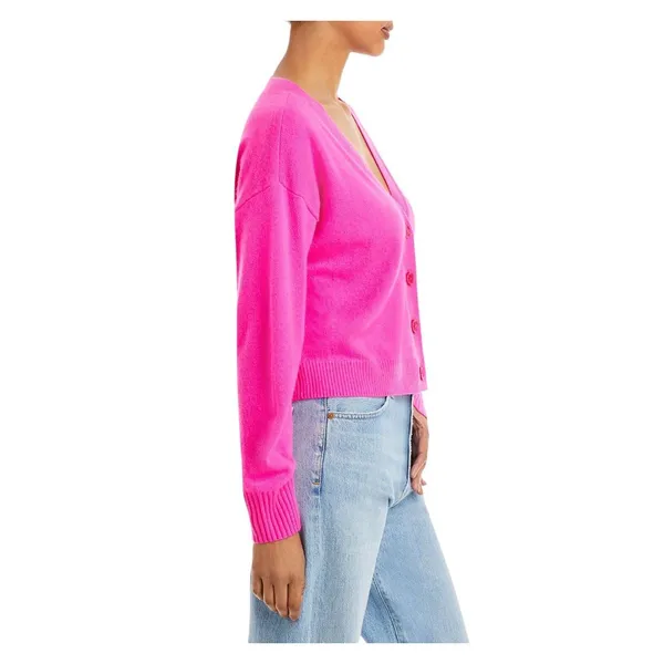 NWT Aqua Womens Front Button Cashmere V-Neck Cardigan Sweater V10337 Neon Pink M - Image 4