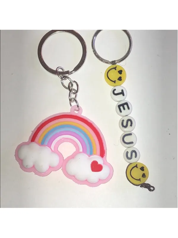 Rainbow and Smiley Jesus Boho Keychain Set Pink - Image 4