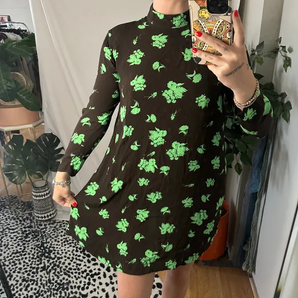 Ganni Floral Print Crepe Mini Shift Dress Brown Green Size 36 - Image 5