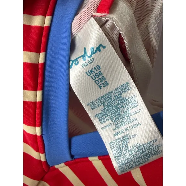 Boden Red White Striped One Piece Swimsuit Blue Trim Twist Front US 6 UK 10 - Image 5