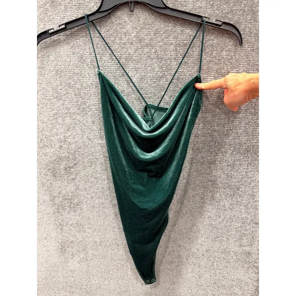 Abercrombie & Fitch Women Bodysuit M Green Velvet Cowl Neck Crisscross Straps - Image 4