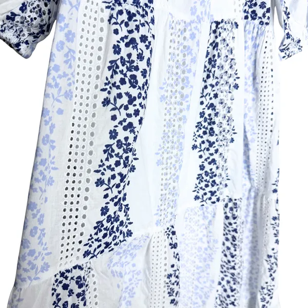 ZARA Floral Tiered Eyelet Lace Maxi Dress Medium White Blue Cottagecore Prairie - Image 13