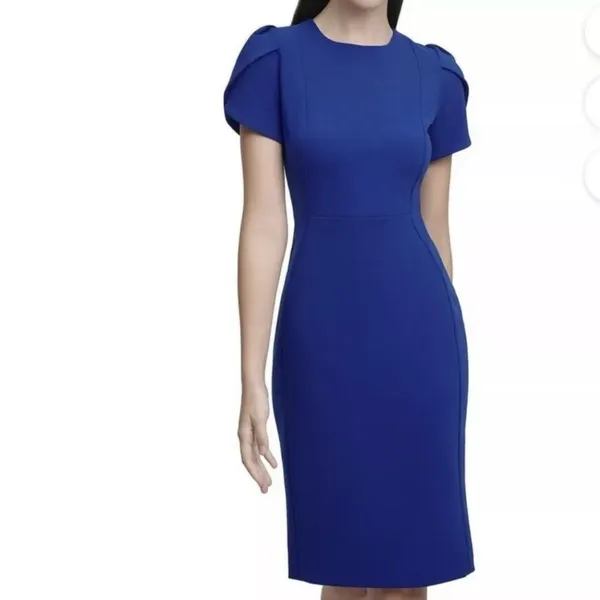 Calvin Klein Royal Blue Tulip Sleeve Stretch Crepe Sheath Dress Size 4 - Image 2