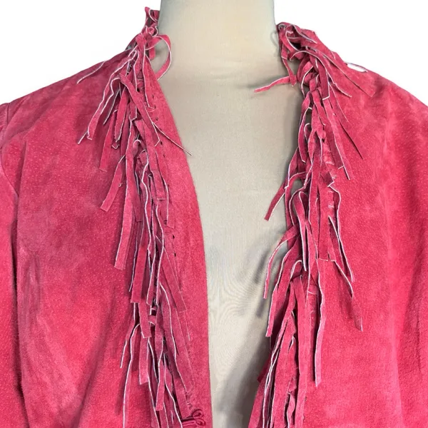 Vintage Red Suede‎ Leather Fringe Jacket Western Boho Statement Festival Piece - Image 3