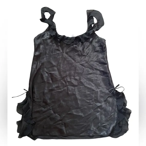 Oscar de la Renta Y2K Black Silky Satin Goth Glam Chiffon Ruffle Mini Slip Dress - Image 2