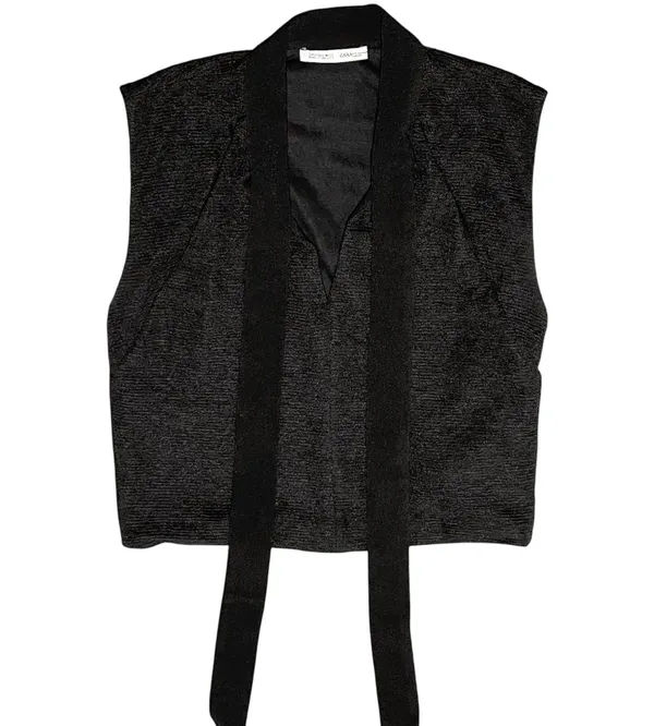 Zara Slit Front Cap Sleeve Cropped Tie Neck Top Black Size Small 5410/234/800 - Image 15