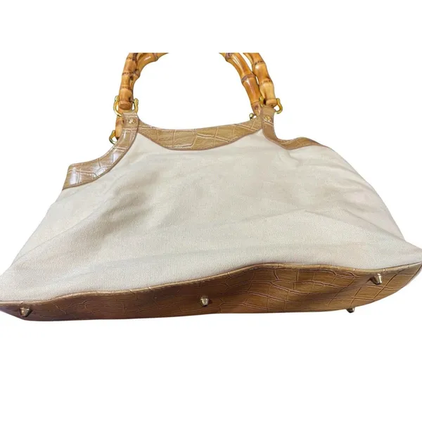 Avon 2006 Faux Bamboo Handle Canvas Satchel Handbag Beige Croc Embossed Purse - Image 3