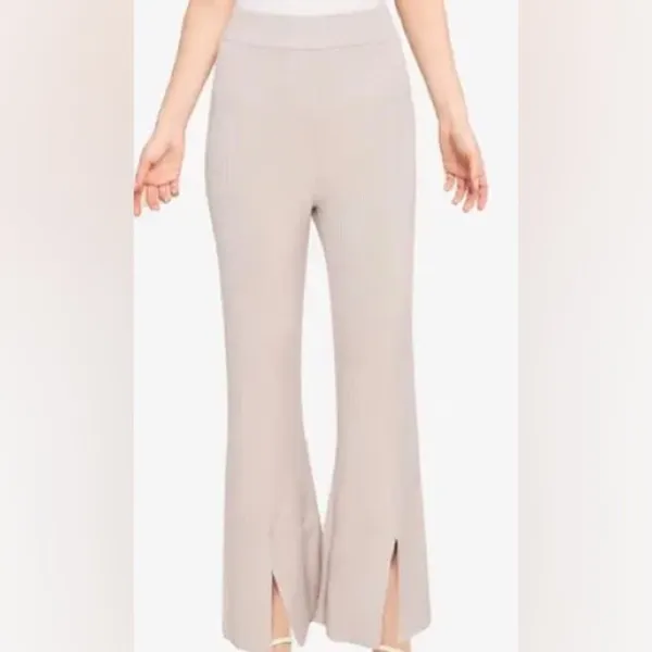Abercrombie & Fitch Beige Ribbed Knit Flare Wide Leg Slit Pants Size Large - Image 2