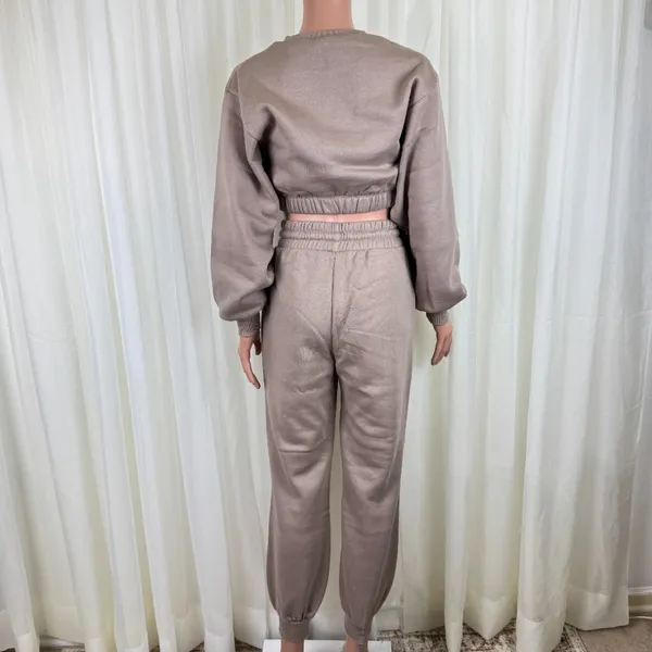 Zenana 2 Pcs Crop Sweatshirt Tracksuit Jogger Pants Set Outfit Active Loungewear Beige Size L - Image 5