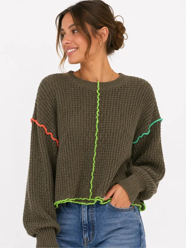 New IN Women’s Waffle Knit Sweater Medium Brown Neon Contrast Stitch - Image 3