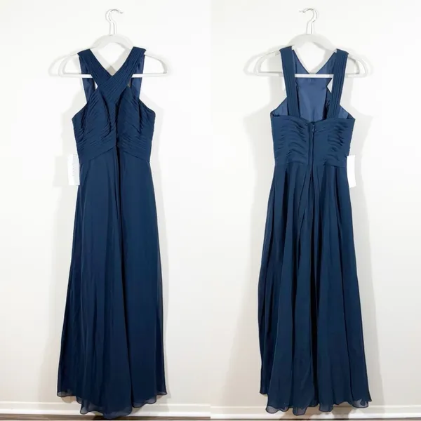NWT Azazie Kaleigh Dark Navy Blue A-Line Pleated Chiffon Bridesmaid Maxi Dress 6 - Image 5