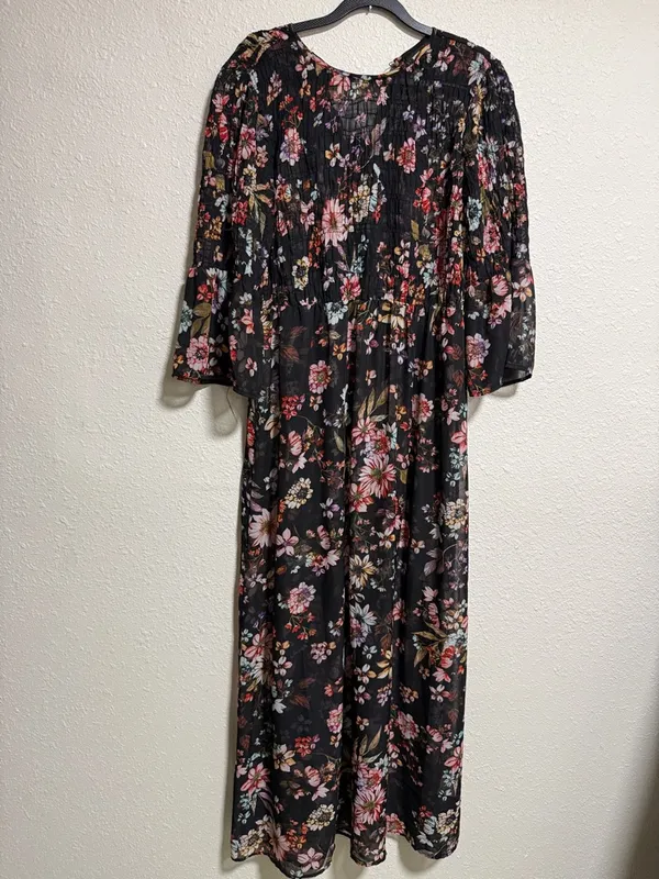 ECI New York Womens Black Floral Smocked Bell Sleeve Maxi Dress Size‎ S - Image 2
