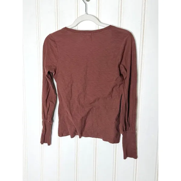 Nation LTD Womens Mahogany Brown Slub Cotton V-Neck Puff Sleeve Top Gold Snaps S - Image 5