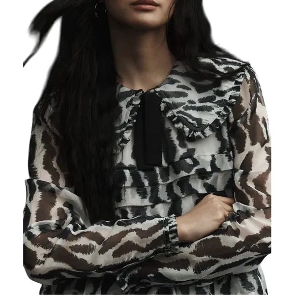 Maeve Anthro Animal Print Mini Dress XXS Gray Tiered Ruffle Long Sleeve Chiffon‎ - Image 3