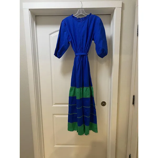 Maude Vivante Miley Dress Womens Small Blue Green Colorblock Tiered Maxi Belted - Image 4