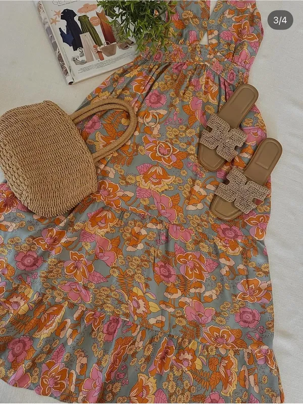 ZESICA Boho Retro Floral Halter Maxi Dress Pink Orange Tiered Sun Dress Large - Image 10