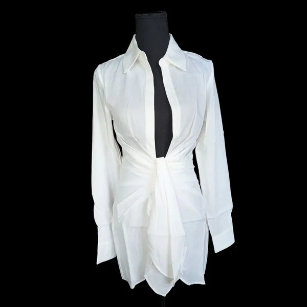 Choosy St. Crosby Long Sleeve Cover Up Dress in White Plunging Neckline Tie at Waist - Image 5