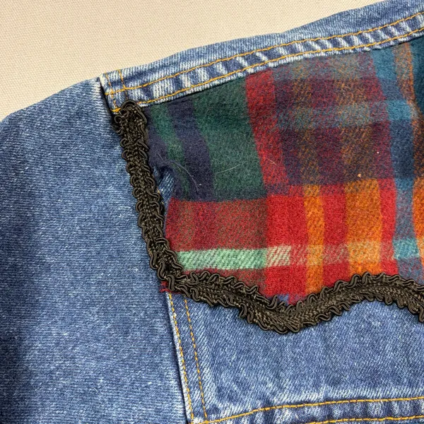 90s Vintage Jean Jacket Denim Trucker Jacket Western Plaid Wool Small - Image 5
