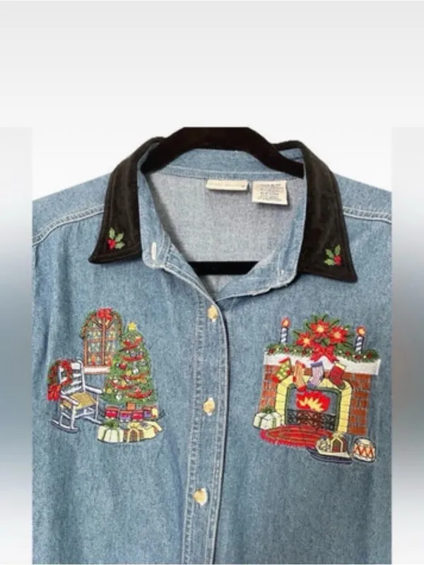 Vintage 90s Ugly Christmas Embroidered Denim Holiday Shirt Velvet Collar - Image 6