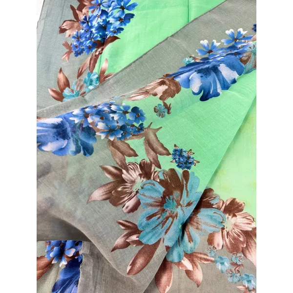 Green Fantasy Scarf Blue Floral Print Viscose‎ Lightweight Wrap Eyelash Fringe - Image 3