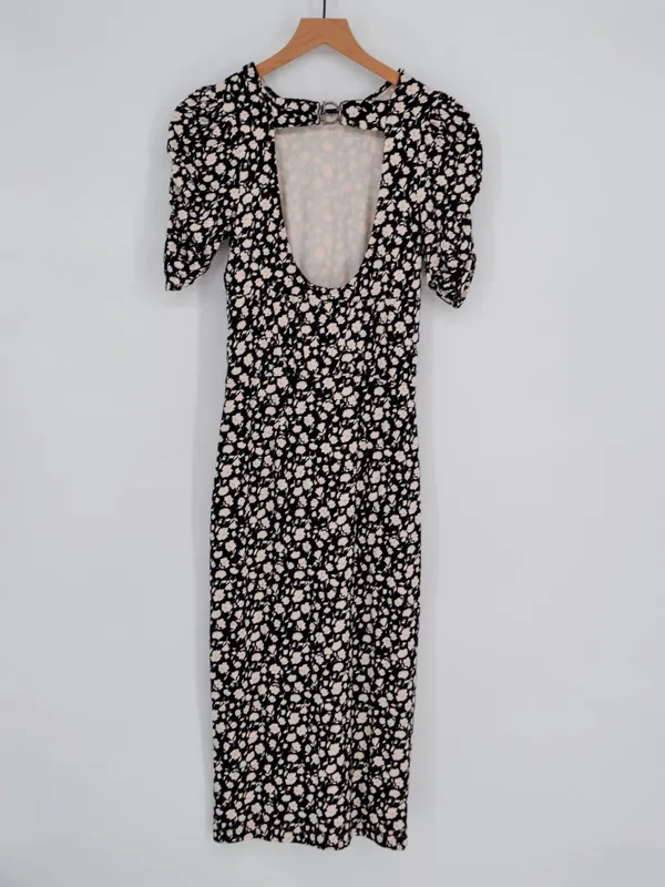 Free People Black & Cream Floral Cutout Back Midi Dress XS - Image 3
