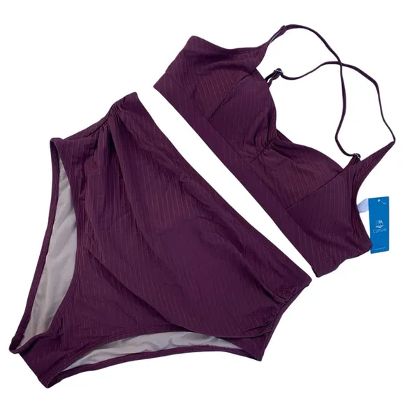 Cupshe Cross Back Top & Shirring Textured 2 Pc Bikini Large plum like co… - Image 3