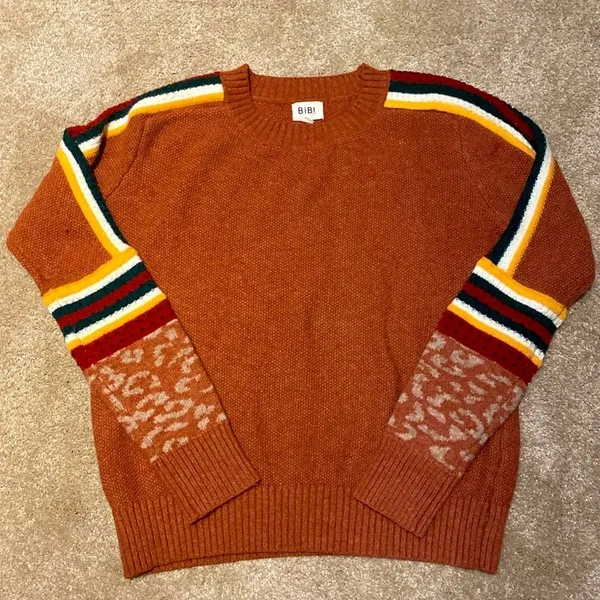 BiBi Knit Texture Contrast Crochet Stripe Brick Sweater Leopard Cuff S - Image 3