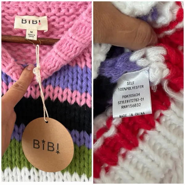 BiBi Sweater M Chunky Knit Striped Bell Sleeve Crop Pullover Colorful Boho NWT - Image 3