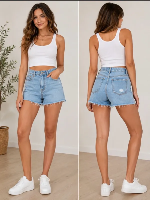 Edikted Light Blue High-Rise Frayed Hem Jean Shorts - Image 2