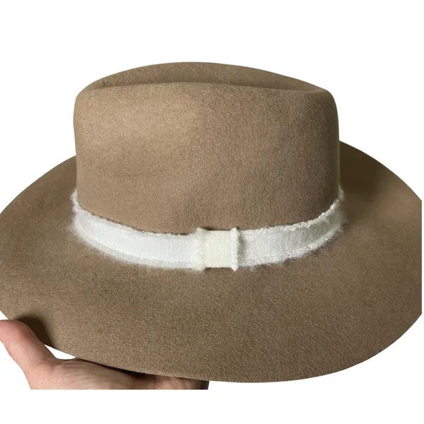 Wide Brim Rancher Fedora Hat Tan‎ Wool Felt White Band Boho Western OS - Image 2