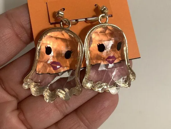 Betsey Johnson Girl Ghost Halloween Clear Gold Tone Dangling Earrings - Image 2