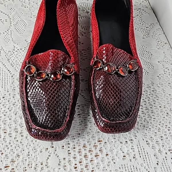 Stuart Weitzman snakeskin pattern crystal embellishments slip on red loafers 6 - Image 2