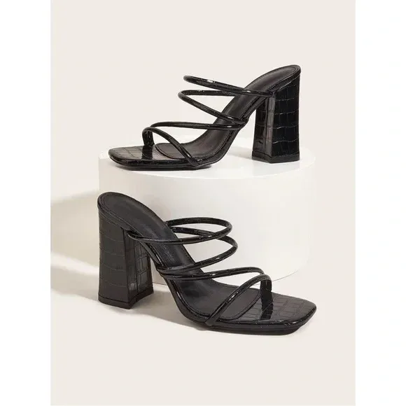 Croc Embossed Faux Leather Strappy Mules Size 37 - Image 8