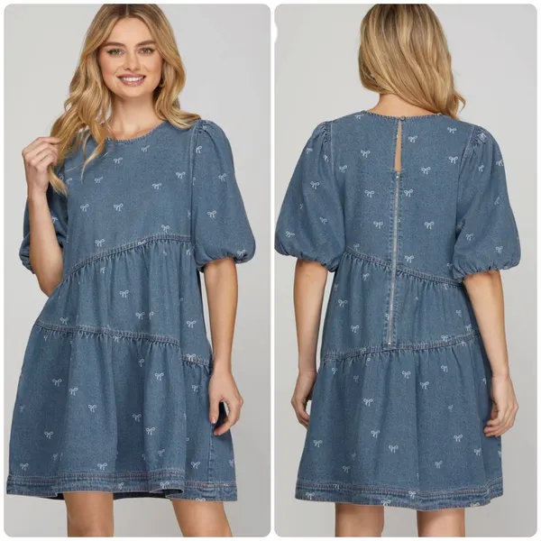 She + Sky Womens Bow Print Tiered Puff Sleeve Babydoll Denim Mini‎ Dress Size M - Image 2
