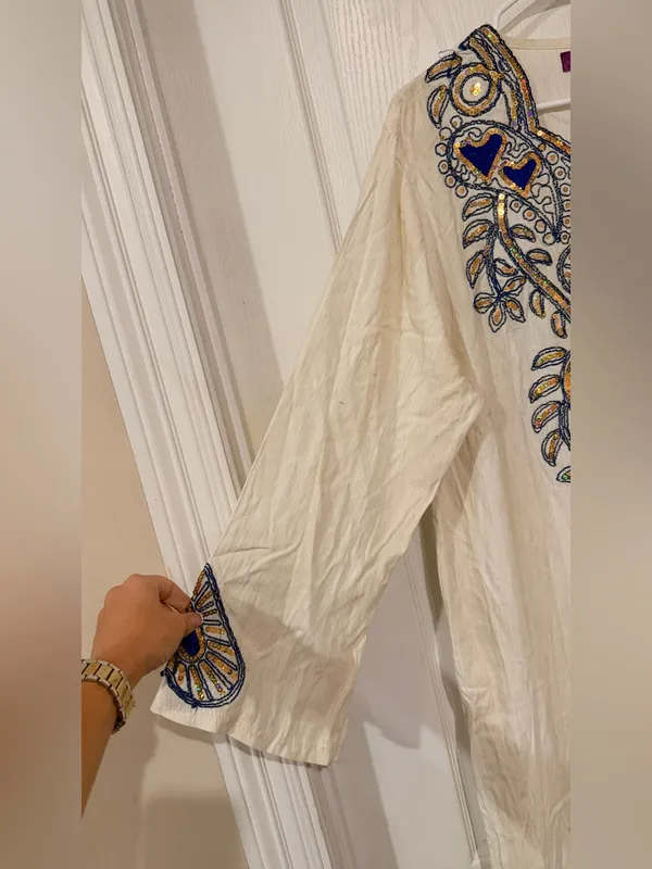 AB Classic Inidan Cream Maxi Dress with Blue and Gold Embroidery - Image 4